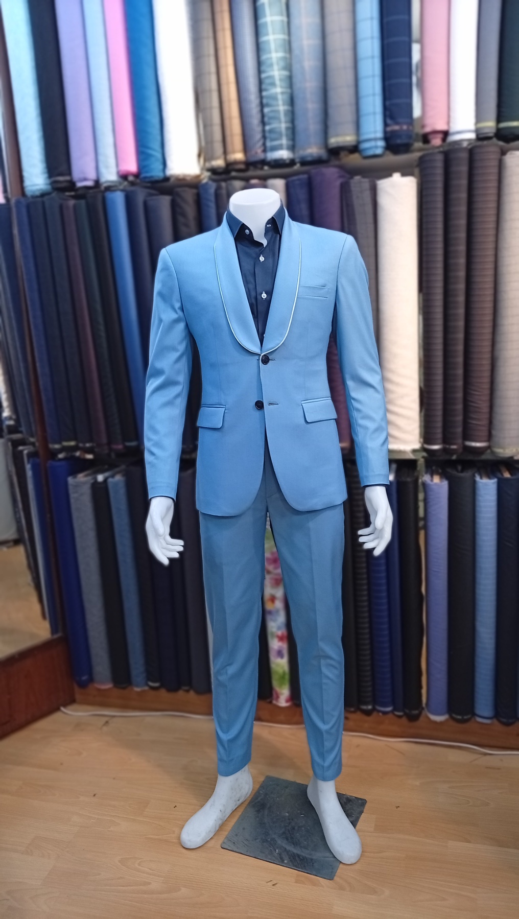 Tailored navy tuxedo with satin lapels